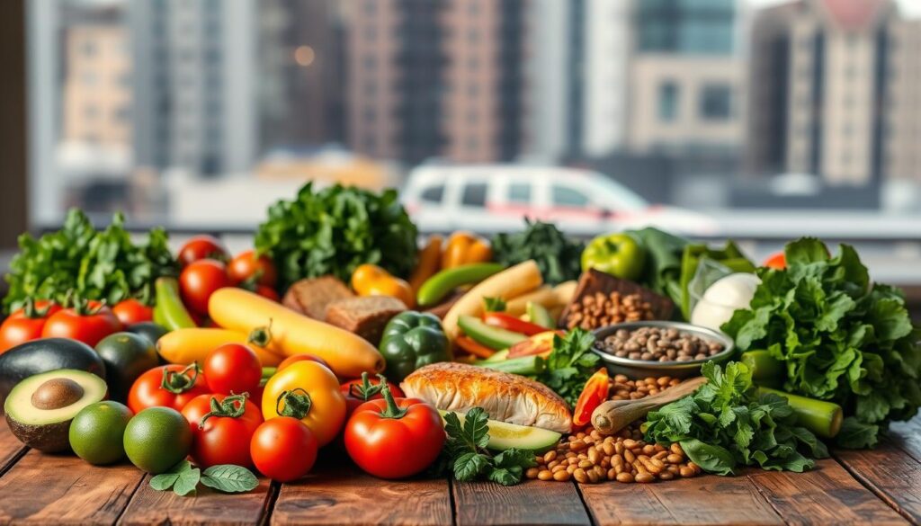 A bountiful spread of heart-healthy foods arranged on a rustic wooden table, illuminated by warm, natural lighting. In the foreground, a variety of vibrant fruits and vegetables, including juicy tomatoes, avocados, leafy greens, and crisp bell peppers. In the middle ground, a selection of lean protein sources such as grilled salmon, free-range chicken, and hearty legumes. The background features a subtle, blurred cityscape, suggesting the urban setting. The overall scene conveys a sense of wellness, nutrition, and a balanced, nourishing lifestyle.