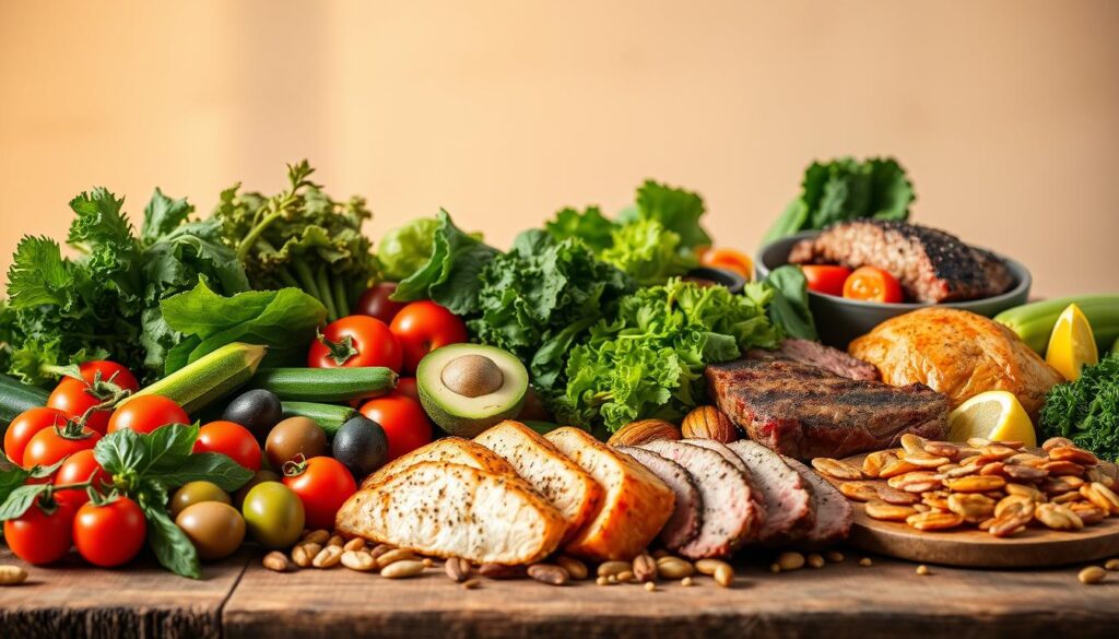 A bountiful spread of keto-friendly foods, artfully arranged on a rustic wooden table. In the foreground, an assortment of low-carb vegetables - juicy tomatoes, crisp zucchini, and vibrant leafy greens. Nestled among them, creamy avocados and succulent olives. In the middle ground, a selection of high-fat proteins, including grilled salmon, tender chicken thighs, and grass-fed beef. Surrounding these, a scattering of nuts and seeds, providing crunchy texture. The table is bathed in warm, golden light, casting a cozy, inviting atmosphere. In the background, a simple, minimalist backdrop allows the delicious ingredients to take center stage, showcasing the nutritious and satisfying nature of a keto-friendly diet.