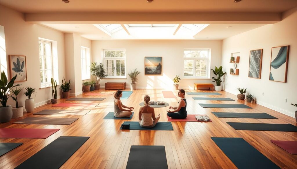 A cozy and serene yoga studio, bathed in warm, natural lighting from large windows. The hardwood floors are covered in plush, high-quality yoga mats in various colors, neatly arranged in rows. Potted plants and soothing artwork adorn the minimalist, neutral-toned walls, creating a calming ambiance. In the center of the studio, a group of yogis in comfortable, breathable attire sit in a circle, their faces serene as they practice gentle stretches and mindful breathing exercises. Overhead, a skylight allows soft, diffused sunlight to filter in, adding to the tranquil atmosphere. The scene evokes a sense of peace, balance, and the perfect environment for beginners to embark on their yoga journey.