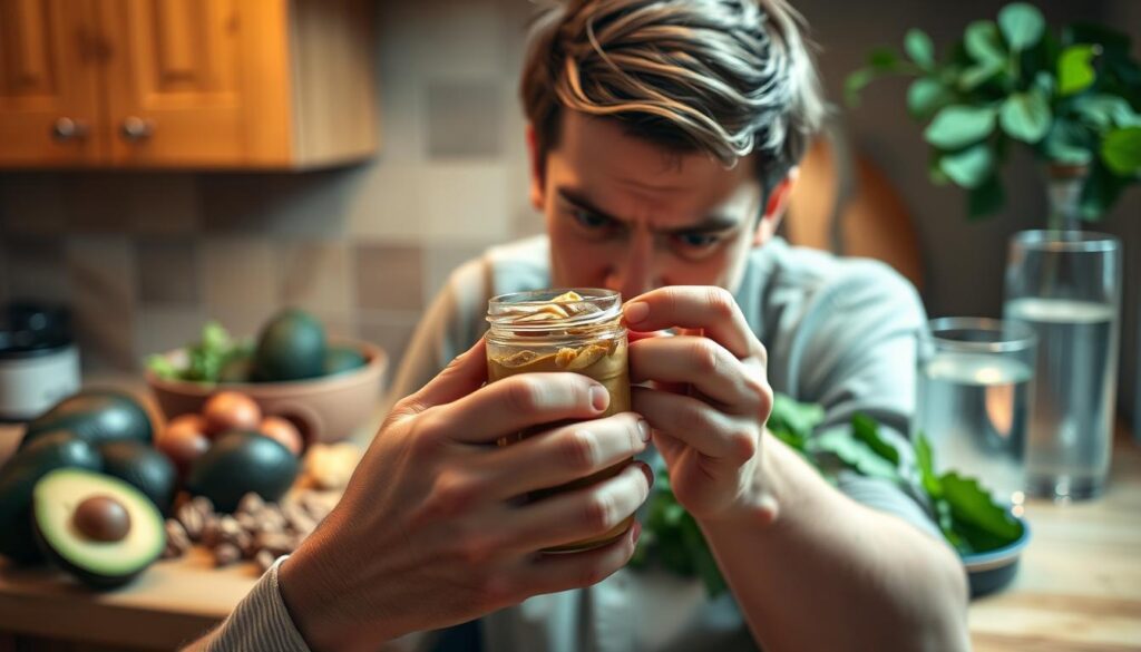 A cozy kitchen counter, dimly lit with warm overhead lighting. On the surface, an array of keto-friendly ingredients - avocados, nuts, leafy greens, and a glass of water. In the foreground, a person's hands struggle to open a jar of nut butter, brow furrowed in concentration, symbolizing the "keto challenges" of adapting to a new lifestyle. The background is blurred, creating a sense of focus on the central struggle. The overall mood is one of determination and perseverance, as the person overcomes the initial hurdles of the keto diet.