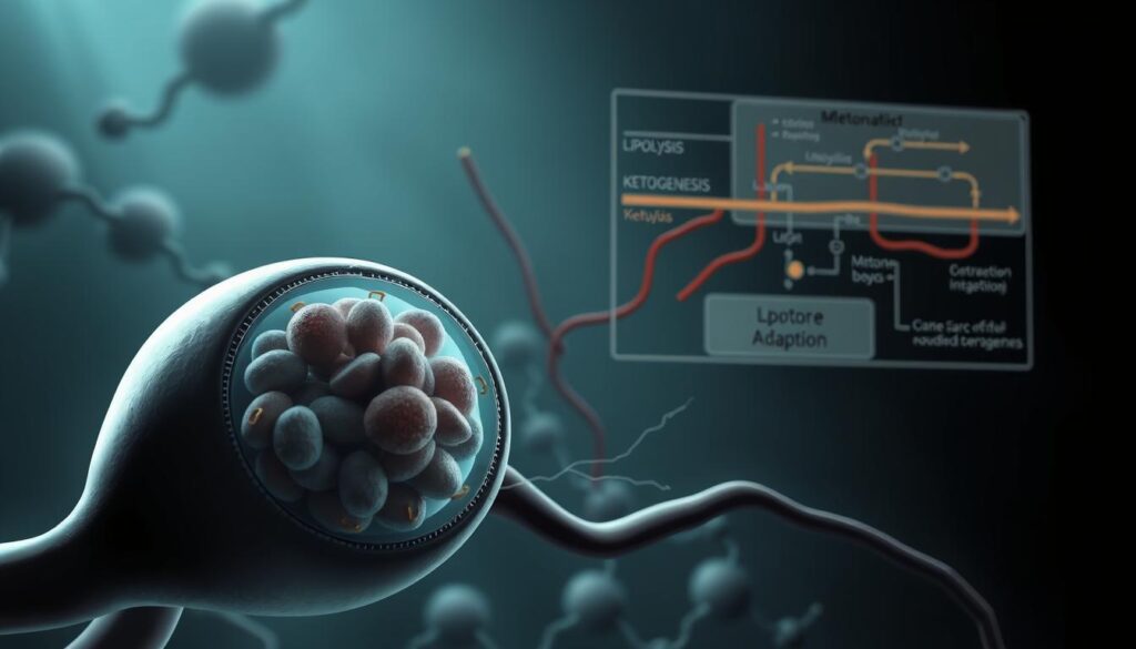A detailed illustration of the metabolic process of fat adaptation during the keto diet. In the foreground, a cross-section of a human cell, with mitochondria visibly active, processing fatty acids. The middle ground depicts a network of blood vessels, transporting ketone bodies and lipids. In the background, a scientific diagram showing the biochemical pathways of lipolysis and ketogenesis. Rendered in a clean, technical style with muted colors, emphasizing the scientific nature of the process. Lighting is soft and diffused, creating depth and clarity. The camera angle is slightly elevated, providing an overview of the interconnected systems at work.