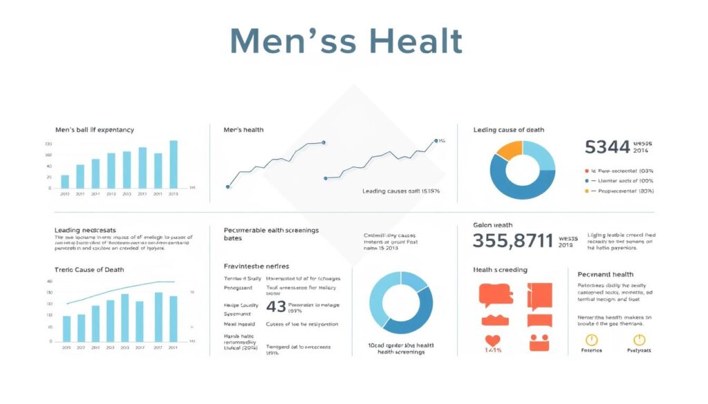 A detailed infographic showcasing key men's health statistics set against a clean, minimalist backdrop. In the foreground, a series of data visualizations - bar graphs, line charts, and pie charts - neatly arranged to highlight crucial metrics like life expectancy, leading causes of death, preventable risk factors, and recommended health screenings. The middle ground features a neutral-toned geometric pattern providing visual interest without distracting from the data. Soft, even lighting casts a professional, authoritative tone, emphasizing the informative nature of the content. The overall composition strikes a balance between analytical rigor and visual appeal, making complex health information accessible and compelling.
