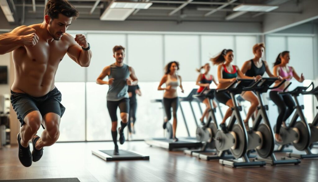 A dynamic scene of people engaged in various cardiovascular exercises in a well-lit, modern fitness studio. In the foreground, a person performs high-intensity burpees, their strong muscles flexing with each explosive movement. In the middle ground, a group of people jog on treadmills, their faces flushed with determination. The background features a row of stationary bikes, where individuals pedal with focused intensity, their legs pumping in sync. Soft, diffused lighting bathes the scene, creating a sense of energy and vitality. The overall atmosphere conveys the dedication and health benefits of cardiovascular workouts for heart health.