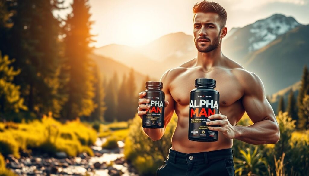 A high-quality, visually striking image of the health benefits of the Alpha Man supplement, captured in a natural, outdoor setting. In the foreground, a muscular, fit male model stands confidently, holding the Alpha Man bottle and exuding a sense of vitality and strength. The middle ground features a lush, verdant landscape with towering trees and a tranquil stream, evoking a serene, rejuvenating atmosphere. The background showcases a majestic, snow-capped mountain range, bathed in warm, golden sunlight that casts a soft, glowing ambiance. The lighting is natural and directional, creating dynamic shadows and highlights that accentuate the model's physique and the supplement's packaging. The overall composition is balanced, with a sense of harmony and balance, reflecting the harmony and balance that the Alpha Man supplement aims to provide.