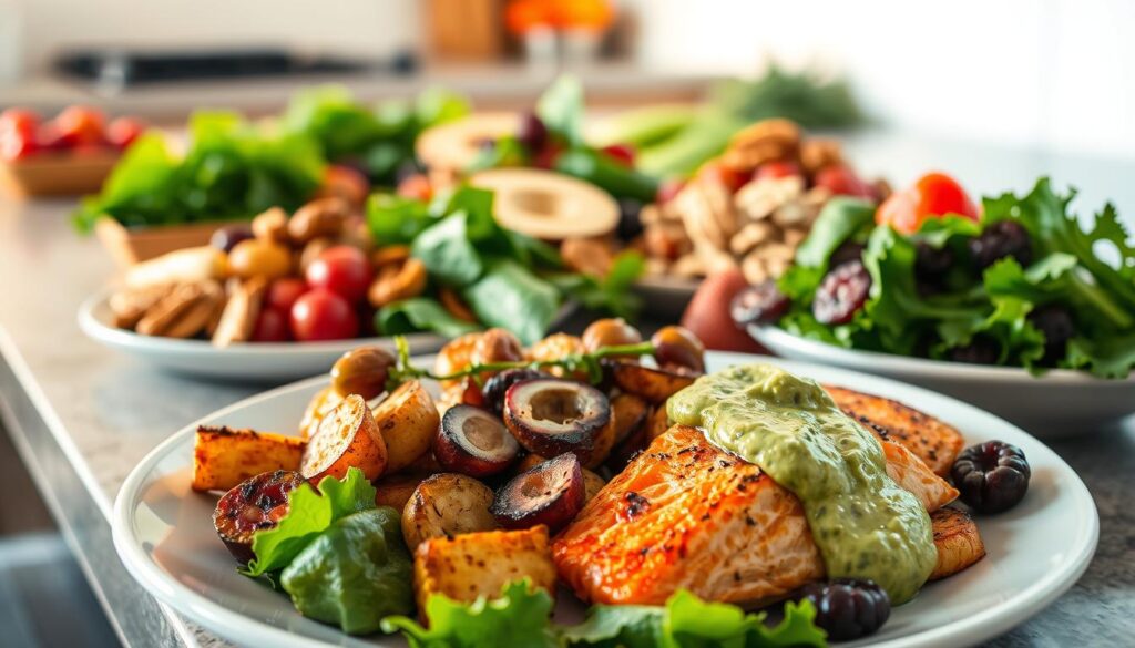 A lush, low-carb feast featuring a variety of keto-friendly ingredients. In the foreground, a plate showcases a mouthwatering arrangement of roasted vegetables, grilled salmon, and a creamy avocado dressing. The middle ground features a collection of colorful keto-approved foods, such as leafy greens, nuts, and berries, all bathed in warm, natural lighting. In the background, a minimalist kitchen countertop sets the stage, reflecting the clean, wholesome nature of the ketogenic diet. The overall mood is one of vibrant health and balanced nutrition, capturing the essence of the keto lifestyle.