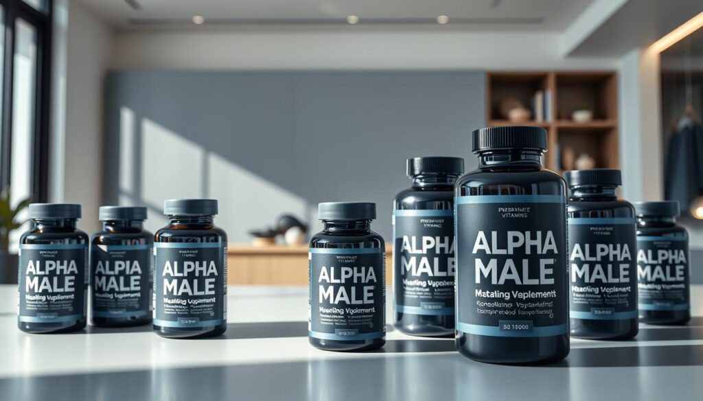 A meticulously crafted still life of "Alpha Male Vitamins" set against a sleek, modern backdrop. In the foreground, a collection of premium supplement bottles in muted hues of blues and grays, their labels showcasing bold, minimalist typography. The middle ground features a crisp, white surface, possibly a countertop or table, lending an air of sophistication. In the background, a clean, light-filled environment with subtle hints of contemporary decor, emphasizing the high-quality, science-driven nature of the product. Dramatic lighting casts dynamic shadows, highlighting the angular, masculine design of the supplements. The overall composition conveys a sense of authority, potency, and clinical efficacy, seamlessly aligning with the subject of optimal health and wellness.