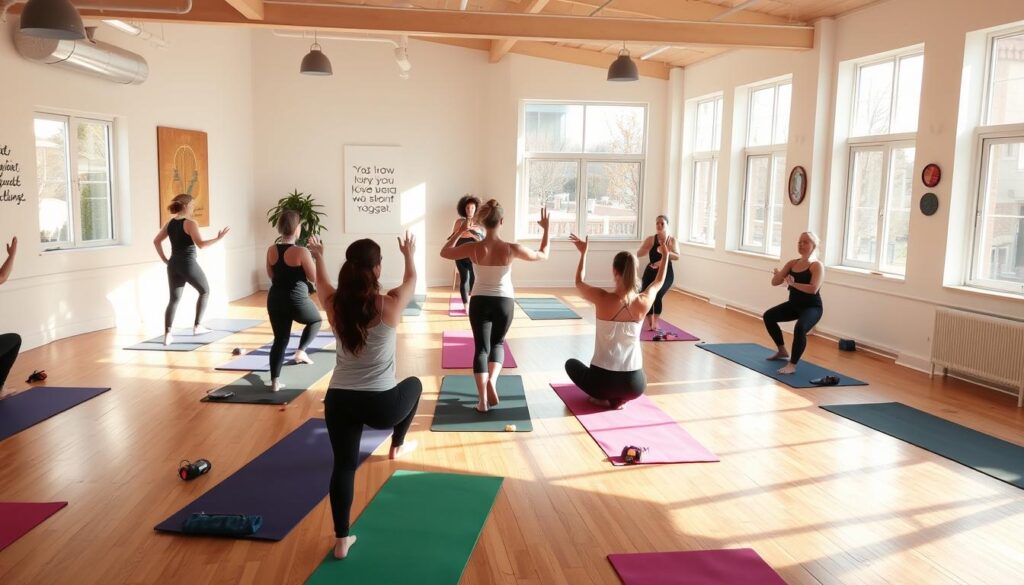 A modern, airy yoga studio with plenty of natural light streaming in through large windows. The hardwood floors are dotted with colorful yoga mats, and the walls are adorned with inspiring images and quotes. Sunlight filters in, casting a warm, calming glow over the space. In the center, an experienced yoga instructor leads a diverse group of students through a gentle flow, guiding them with a serene, soothing voice. The atmosphere is tranquil and welcoming, inviting newcomers to find their inner peace and connect with the yoga community.