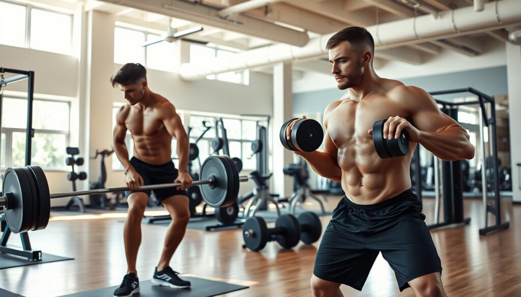 A muscular male athlete performing a series of strength training exercises in a well-lit, modern gym. In the foreground, the man is shown mid-rep on a barbell squat, his powerful legs and core engaged. In the middle ground, he transitions to a set of dumbbell bicep curls, his arms rippling with each contraction. The background features neatly arranged weightlifting equipment, clean hardwood floors, and high ceilings with natural light streaming in through large windows. The overall atmosphere is one of focused determination, physical prowess, and a dedication to cultivating a strong, healthy body.