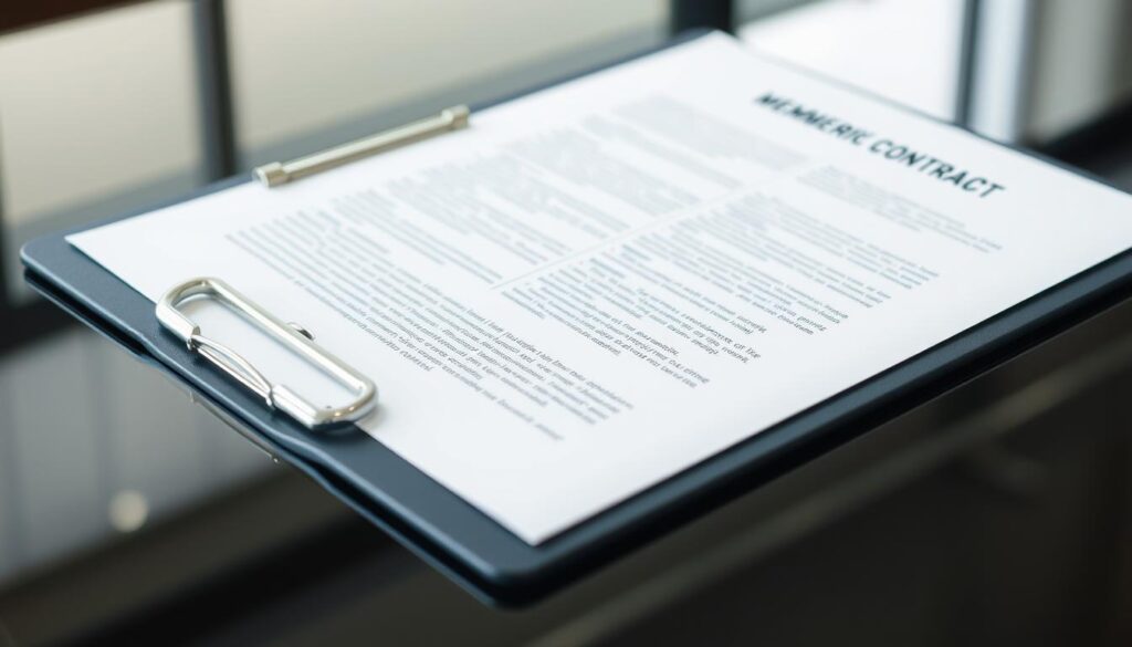A pristine, well-lit close-up of a gym membership contract document laid out on a sleek, metallic clipboard. The contract's text is clearly legible, showcasing the various terms and conditions. The clipboard casts a subtle reflection on the glossy desk surface, adding depth and a sense of professionalism. The overall lighting is soft and evenly distributed, emphasizing the gravity and importance of the contract. The image conveys a sense of attention to detail and a desire to understand the fine print, reflecting the section's focus on "Understanding Gym Membership Options and Contracts."