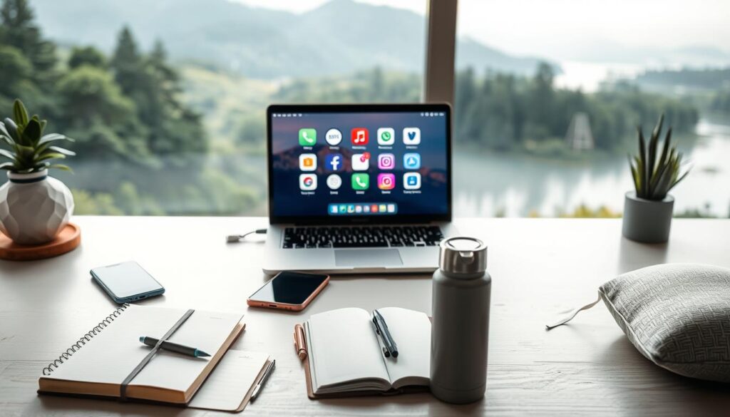 A serene and inviting workspace with a sleek, modern desk featuring a laptop, smartphone, and various mental health app icons displayed on the screen. The background depicts a calming natural landscape, such as a lush green forest or tranquil lakeside, with soft, diffused lighting creating a sense of peaceful ambiance. The foreground showcases an array of self-care tools, including a journal, a water bottle, and a mindfulness meditation cushion, all arranged in a visually appealing composition. The overall atmosphere conveys a sense of balance, productivity, and a holistic approach to mental wellbeing.