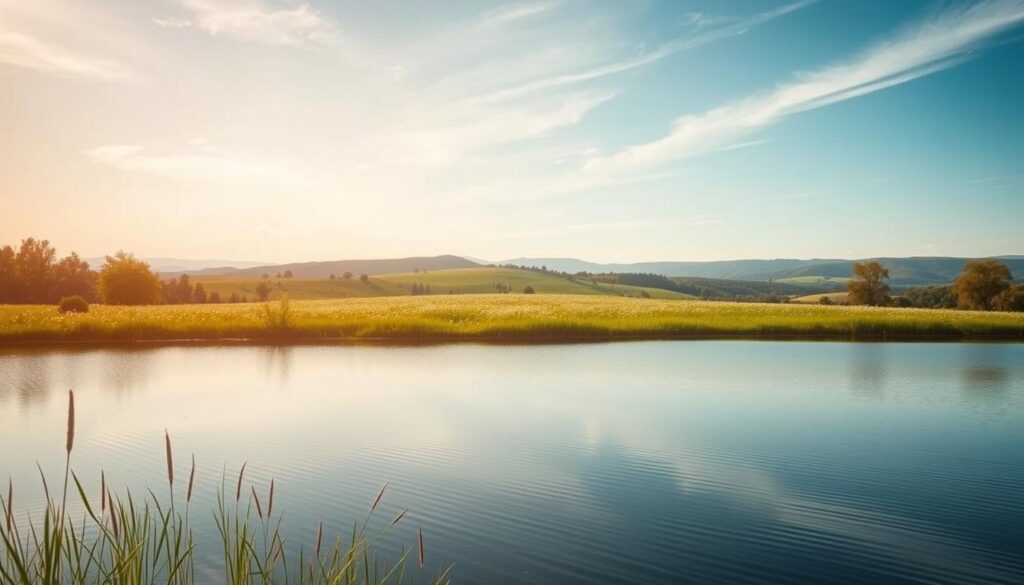 A serene, contemplative landscape depicting the essence of mental health. In the foreground, a tranquil lake reflects the sky and surrounding trees, symbolizing the inner calm and balance of the mind. In the middle ground, a peaceful meadow dotted with wildflowers represents the vibrant emotions and joyful aspects of mental well-being. In the background, rolling hills and a distant horizon evoke a sense of expansiveness and possibility, conveying the boundless potential of the human psyche. The scene is bathed in warm, golden light, creating a calming and introspective atmosphere. The overall composition aims to visually capture the multifaceted nature of mental health - a harmonious blend of serenity, vitality, and boundless potential.