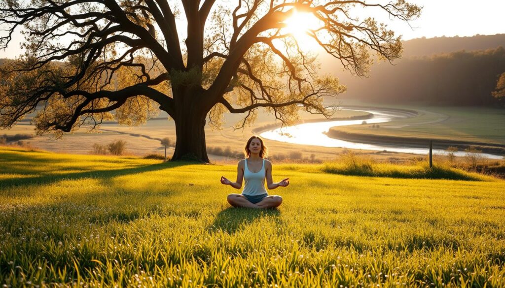 A serene meadow at dawn, the grass glistening with morning dew. In the center, a person sitting cross-legged, eyes closed, hands resting on their lap in a meditative pose. Behind them, a towering tree with branches reaching skyward, its leaves casting a gentle shadow. In the distance, a winding river reflects the soft, golden light of the rising sun. The scene conveys a sense of tranquility and inner calm, symbolizing the importance of mental health awareness and the power of mindfulness to restore balance and well-being.