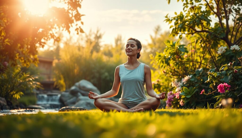 A serene mental health landscape with a person meditating in a tranquil garden setting. Warm, diffused lighting filters through lush greenery, casting gentle shadows. In the foreground, the figure sits cross-legged, eyes closed, their expression peaceful and introspective. Surrounding them, various calming elements like flowing water, blooming flowers, and a clear sky symbolize the steps to understanding one's mental well-being. The composition conveys a sense of balance, harmony, and the importance of self-reflection for cultivating mental health awareness.