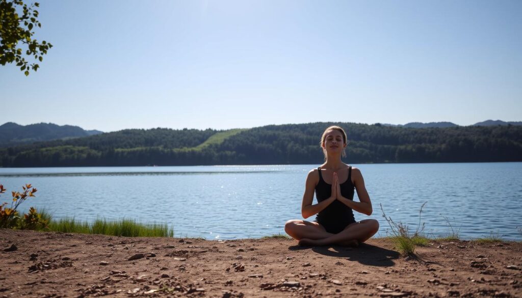 A serene, peaceful landscape with a tranquil lake reflecting the sky. In the foreground, a person sitting cross-legged on the shore, eyes closed, hands resting on their lap, exuding a sense of mindfulness and inner calm. The middle ground features a lush, verdant forest with dappled sunlight filtering through the leaves. In the background, rolling hills and distant mountains create a sense of depth and scale. The overall atmosphere is one of harmony, balance, and the importance of mental well-being in today's fast-paced world.
