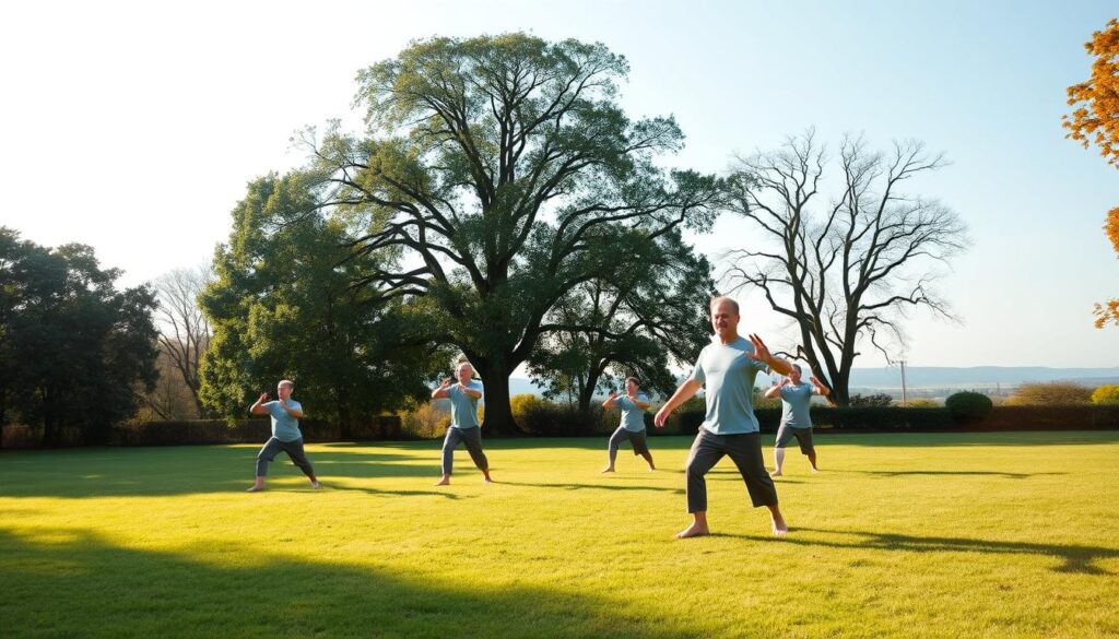 A serene, sun-dappled outdoor scene with a middle-aged man engaged in a series of gentle, mindful exercises on a lush, verdant lawn. Soft, diffused lighting creates a warm, tranquil atmosphere. The man's posture is relaxed yet focused, his expression one of calm introspection as he moves through a sequence of yoga poses or tai chi movements. The background features a harmonious blend of nature elements - towering trees, a distant horizon, and a clear, azure sky above. The overall composition conveys a sense of balance, well-being, and a holistic approach to midlife health and wellness.