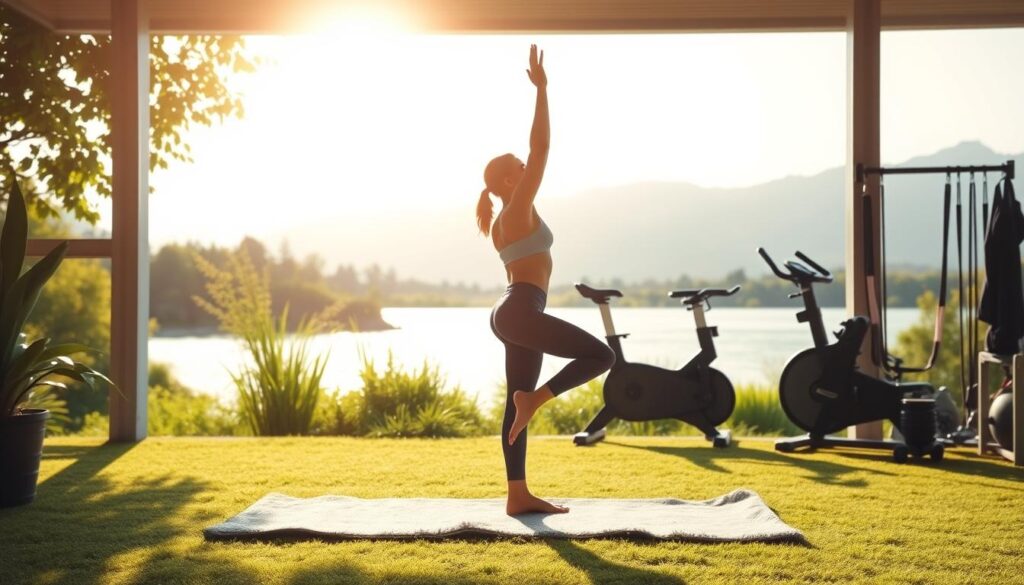 A serene, sun-drenched outdoor scene with a lush, verdant landscape. In the foreground, a fit, athletic person performing a graceful yoga pose on a plush yoga mat, their body silhouetted against the soft, diffused lighting. In the middle ground, a well-equipped home gym with various fitness equipment, including free weights, resistance bands, and a stationary bike. The background features a tranquil lake or river, with calming ripples and a picturesque mountain range in the distance, creating a sense of balance and harmony. The overall mood is one of wellness, mindfulness, and a healthy, active lifestyle.