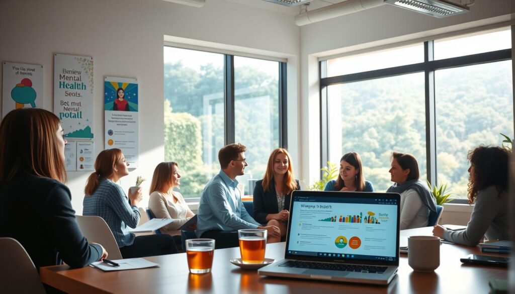 A serene, sun-lit office setting with a large window overlooking a lush, green landscape. In the foreground, a diverse group of employees engaged in a collaborative discussion, their body language conveying openness and empathy. On the walls, inspirational mental health awareness posters and informative brochures. On the desk, a laptop displaying mental health resources and a cup of warm tea. The lighting is soft and diffused, creating a calming, introspective atmosphere. The camera angle is slightly elevated, capturing the scene from an observational perspective.