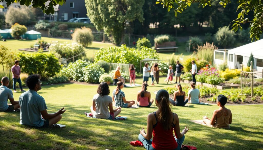 A serene, well-lit outdoor scene with a diverse group of people engaged in various mental health awareness activities. In the foreground, a group of people are sitting on a grassy hill, practicing mindfulness and meditation. In the middle ground, a wellness workshop is taking place, with participants learning about coping strategies and self-care techniques. In the background, a vibrant community garden provides a peaceful, nurturing setting, reflecting the importance of connecting with nature for mental health. The overall atmosphere is one of tranquility, empowerment, and a sense of community coming together to support mental health awareness.