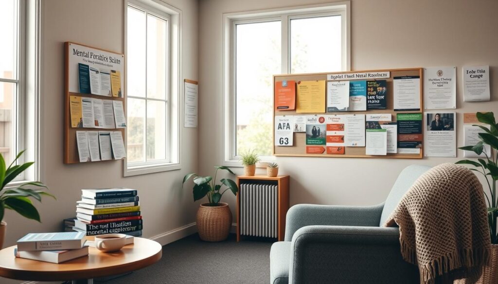 A serene, well-lit room with an array of mental health resources and support systems. In the foreground, a comfortable armchair and a cozy throw blanket invite a sense of calm. On the side table, a stack of self-help books and a cup of tea. The middle ground features a bulletin board filled with informative brochures, contact numbers, and community event flyers. In the background, a large window allows natural light to flood the space, conveying a sense of openness and possibility. The overall atmosphere is one of warmth, understanding, and a deep commitment to nurturing mental wellness.