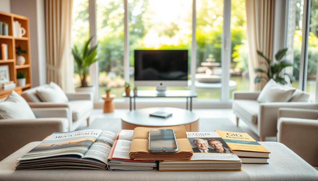 A serene, well-lit room with natural lighting filtering through large windows. Tasteful, soothing decor including calming colors, soft textures, and minimalist furniture. In the foreground, a variety of mental health resources are neatly arranged - informative brochures, self-help books, and a cozy seating area. The middle ground features a desktop computer and smartphone, symbolizing digital resources and online support. In the background, a tranquil nature scene with lush greenery and a calming water feature, conveying a sense of balance and inner peace. The overall atmosphere is one of comfort, safety, and accessibility, inviting the viewer to explore and utilize the available mental health support.