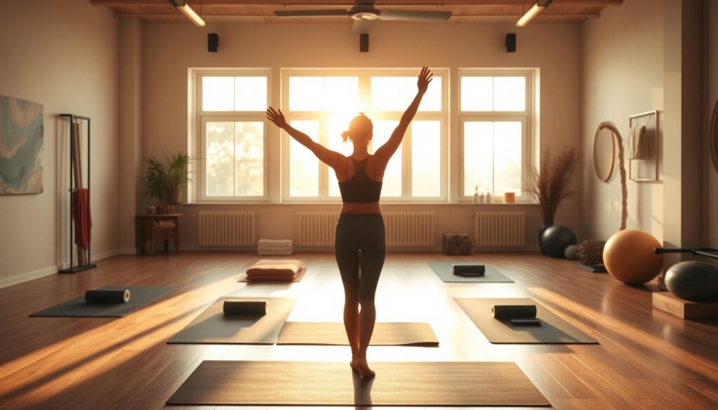A serene, well-lit studio with warm, natural lighting filtering in through large windows. In the foreground, a person gracefully performing a Pilates stretch, their body silhouetted against the light. In the middle ground, various Pilates equipment like yoga mats, resistance bands, and exercise balls are neatly arranged. The background features a minimalist, zen-inspired decor with earthy tones and textures, creating a calming, harmonious atmosphere. The overall mood is one of balance, strength, and rejuvenation, capturing the transformative benefits of a Pilates practice.