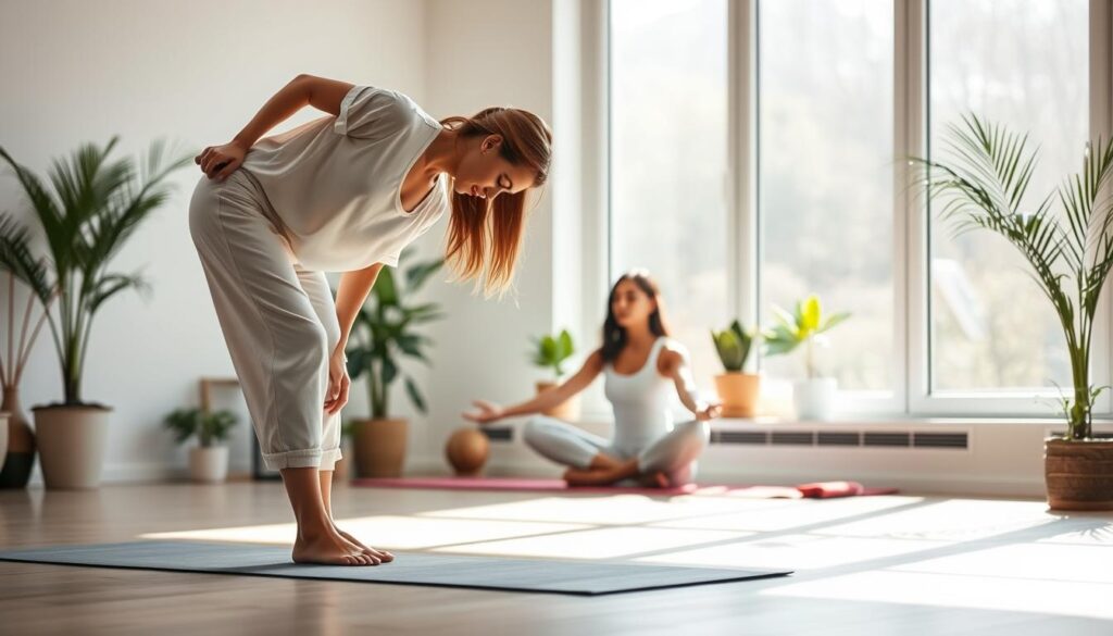 A serene yoga studio with soft natural lighting streaming through large windows. In the foreground, a young woman in a loose white outfit performs a graceful standing forward fold, her hands reaching towards the floor. In the middle ground, another person sits cross-legged on a yoga mat, eyes closed in meditation. The background shows an arrangement of potted plants and minimalist decor, creating a calming, inviting atmosphere for this beginner's yoga practice.