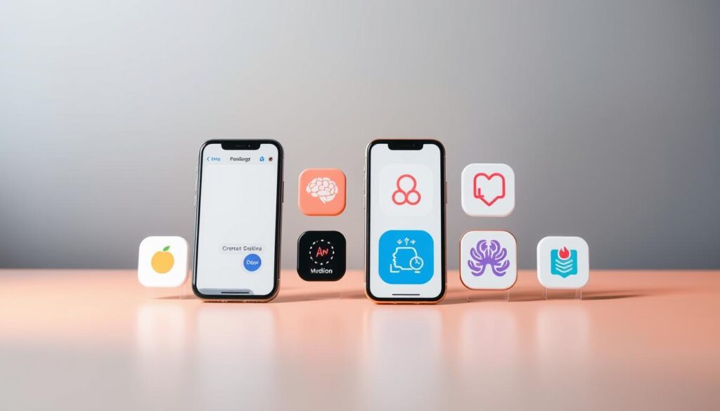 A sleek, minimalist interface showcasing the comparison of various mental health apps, arranged in a grid-like layout. The apps are displayed as clean, colorful icons with subtle details, conveying their distinct features and functionalities. The background is a serene, softly blurred gradient, creating a calming and professional atmosphere. Warm, directional lighting illuminates the apps, lending a sense of depth and highlighting their key attributes. The overall composition emphasizes the user's ability to easily navigate and understand the diverse options available for their mental wellness journey.