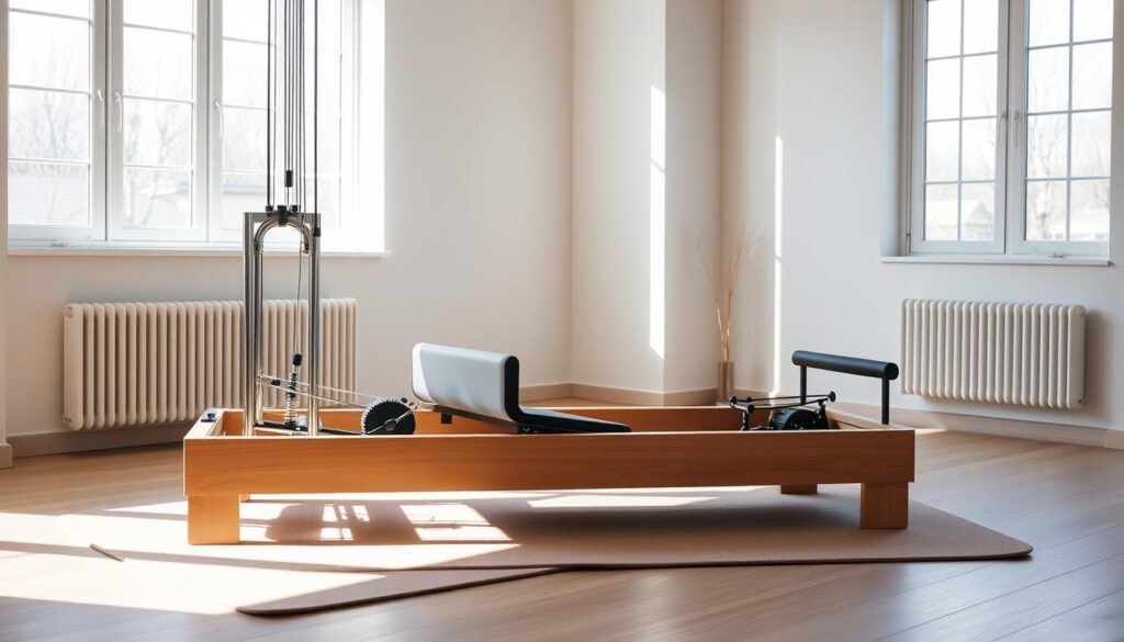 A sleek, modern Pilates reformer stands prominently in a sun-dappled, minimalist home studio. The reformer's smooth, polished wood frame and high-tension springs create a sense of refined discipline. Soft, natural light filters in through large windows, illuminating the muted, earthy tones of the room. A plush, neutral-colored mat is neatly positioned in front of the reformer, ready for a focused, intentional workout. The overall atmosphere conveys a sense of tranquility, balance, and personal transformation.