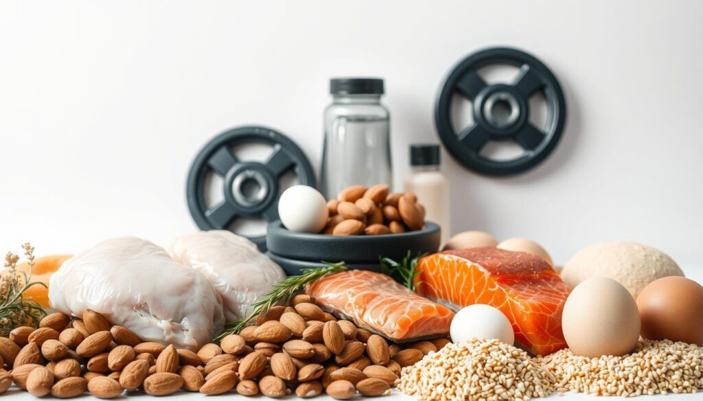 A still life arrangement showcasing an assortment of muscle-building foods against a clean, minimalist backdrop. In the foreground, a selection of whole, unprocessed ingredients such as chicken breasts, salmon fillets, eggs, almonds, and quinoa grains are artfully arranged, their textures and colors creating a visually appealing composition. The middle ground features a few weight plates and a protein shaker bottle, subtly hinting at the fitness and performance-enhancing aspect of these nutrient-dense foods. The background is a simple, uncluttered white or light-colored surface, allowing the subject to be the focal point. The lighting is soft and even, emphasizing the natural qualities of the ingredients. The overall mood is one of health, vitality, and uncomplicated, functional nutrition.