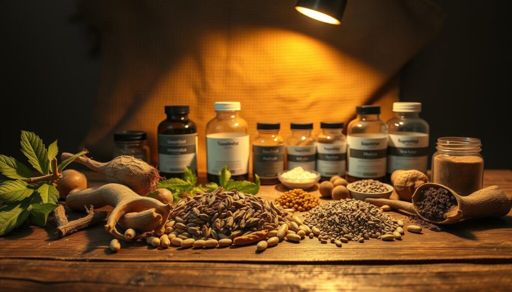 A still life scene of natural testosterone boosting supplements on a rustic wooden table, bathed in warm, golden lighting from an overhead spotlight. In the foreground, a collection of organic herbs, roots, and seeds such as ashwagandha, maca, and tribulus terrestris are arranged neatly. In the middle ground, various glass bottles and jars containing natural extracts and powders are displayed, their labels showcasing the ingredients. The background features a simple, earthy backdrop, perhaps a burlap sack or a textured wall, creating a sense of natural, masculine simplicity. The overall composition conveys a sense of authenticity, quality, and the power of nature to support the optimal health and wellness of the "Alpha Man."