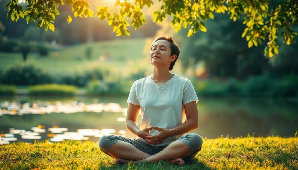 A tranquil scene of a person sitting cross-legged in a serene garden, eyes closed, hands resting gently on their lap. The background is a lush, verdant landscape with a calming pond reflecting the sky. Warm, diffused sunlight filters through the leaves, casting a soft glow on the scene. The person's expression is one of deep contemplation and inner peace, radiating a sense of mental well-being and self-awareness. The composition is balanced and harmonious, inviting the viewer to pause and find a moment of respite and mindfulness.