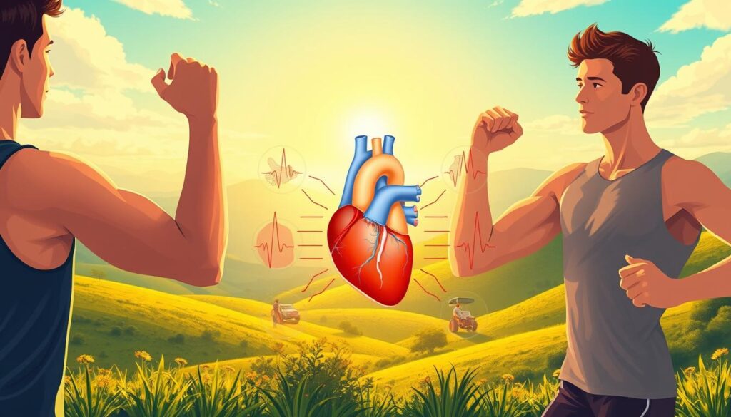 A vibrant and dynamic illustration depicting the benefits of cardiovascular exercise. In the foreground, a person engages in a high-intensity workout, their muscles flexing with energy. The middle ground features a series of anatomical diagrams highlighting the cardiovascular system, with the heart at the center pulsing with vitality. The background showcases a lush, natural landscape, with rolling hills and a bright, sun-dappled sky, conveying a sense of overall wellness and rejuvenation. The lighting is warm and inviting, casting a gentle glow over the entire scene. The composition is balanced and visually engaging, drawing the viewer's attention to the key elements that illustrate the transformative power of cardiovascular exercise.