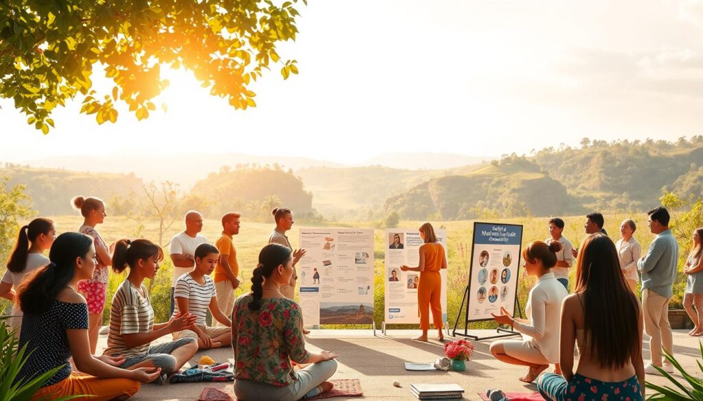 A vibrant and dynamic scene depicting mental health awareness initiatives. In the foreground, a group of diverse individuals engage in various activities - from meditative practices to supportive group discussions, all set against a warm, sun-dappled backdrop. The middle ground features informative displays and educational materials, designed to raise awareness and provide resources. In the background, a serene and calming landscape, with lush greenery and a peaceful, tranquil atmosphere, serves as a metaphor for the mental well-being the initiatives aim to promote. Soft, diffused lighting casts a gentle, uplifting glow, conveying a sense of hope and empowerment. The overall composition captures the essence of mental health awareness - a collaborative, inclusive, and transformative experience.