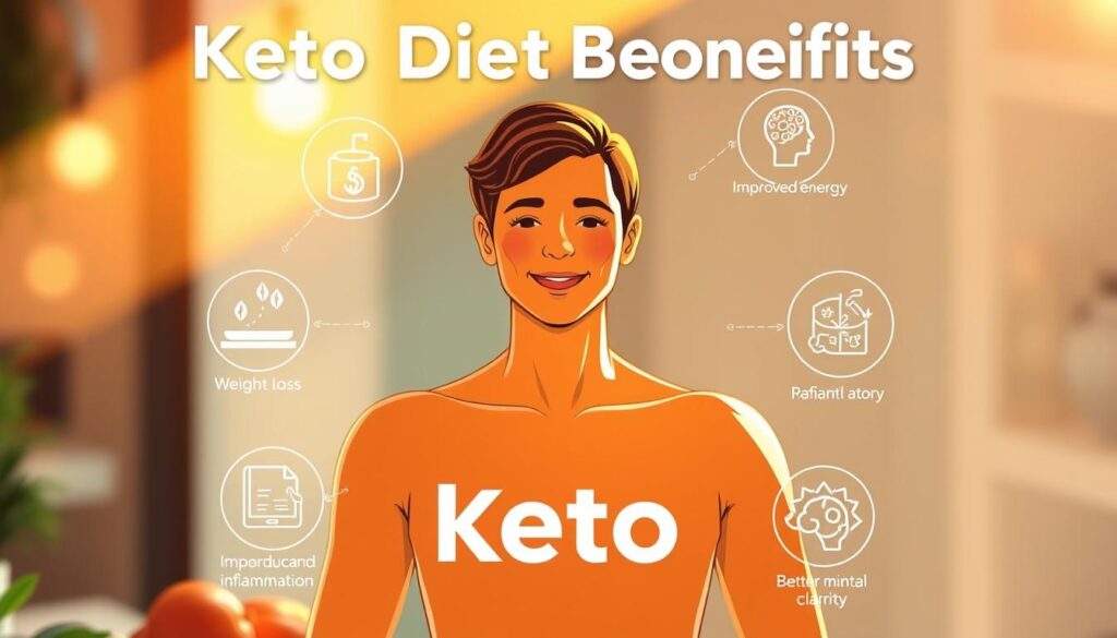 A vibrant, detailed illustration of the health benefits of the keto diet, presented in a clean, informative style. A central image of a healthy, glowing person surrounded by icons representing various keto diet benefits such as weight loss, improved energy, reduced inflammation, and better mental clarity. The foreground is sharply focused, with a soft, slightly blurred background featuring subtle patterns and textures suggestive of a nutritious, ketogenic lifestyle. Warm, natural lighting casts a gentle glow, creating a sense of vitality and wellness. The overall composition is balanced, visually appealing, and effectively communicates the key advantages of the keto diet.