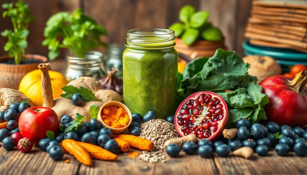 A vibrant still life composed of various disease-fighting superfoods. In the foreground, a collection of brightly colored fruits and vegetables such as blueberries, kale, turmeric, ginger, and pomegranate, arranged artistically on a rustic wooden surface. The middle ground features a glass jar filled with a vibrant green smoothie, surrounded by additional superfood ingredients like chia seeds, flax, and spinach leaves. The background showcases a natural, earthy atmosphere with potted herbs, a stack of whole grain bread, and a few health-conscious lifestyle props. The lighting is soft and warm, highlighting the natural textures and vibrant hues of the scene. The overall mood is one of vitality, wellness, and a dedication to nourishing the body with nature's most powerful superfoods.