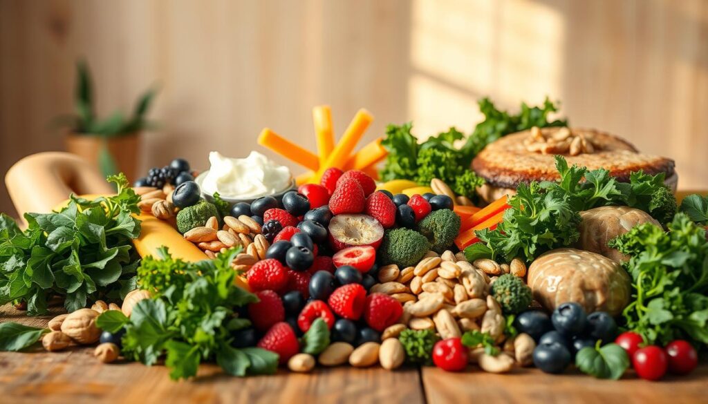 A vibrant still life depicting a nutrient-rich diet for men. In the foreground, an array of fresh, colorful ingredients such as leafy greens, berries, nuts, and lean proteins, arranged in an artful composition. The middle ground features a wooden table or surface, with natural lighting casting a warm, inviting glow. In the background, a minimalist, earthy-toned backdrop complements the wholesome, nourishing theme. The overall mood is one of balance, vitality, and a celebration of the natural goodness that fuels the male body.