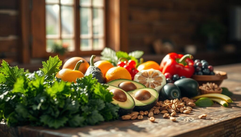 A vibrant still life featuring an assortment of hormone-balancing foods artfully arranged on a rustic wooden table, bathed in warm natural light pouring in from a large window. In the foreground, lush green leafy kale, nutrient-rich avocados, and crisp red bell peppers. In the middle ground, juicy oranges, brightly colored berries, and wholesome nuts. The background features a subtle bokeh effect, highlighting the vibrant colors and textures of the ingredients. The composition conveys a sense of balance, health, and vitality, perfectly capturing the essence of the "Hormone-Balancing Options" section of the "Fuel Your Body: Best Foods for Men" article.