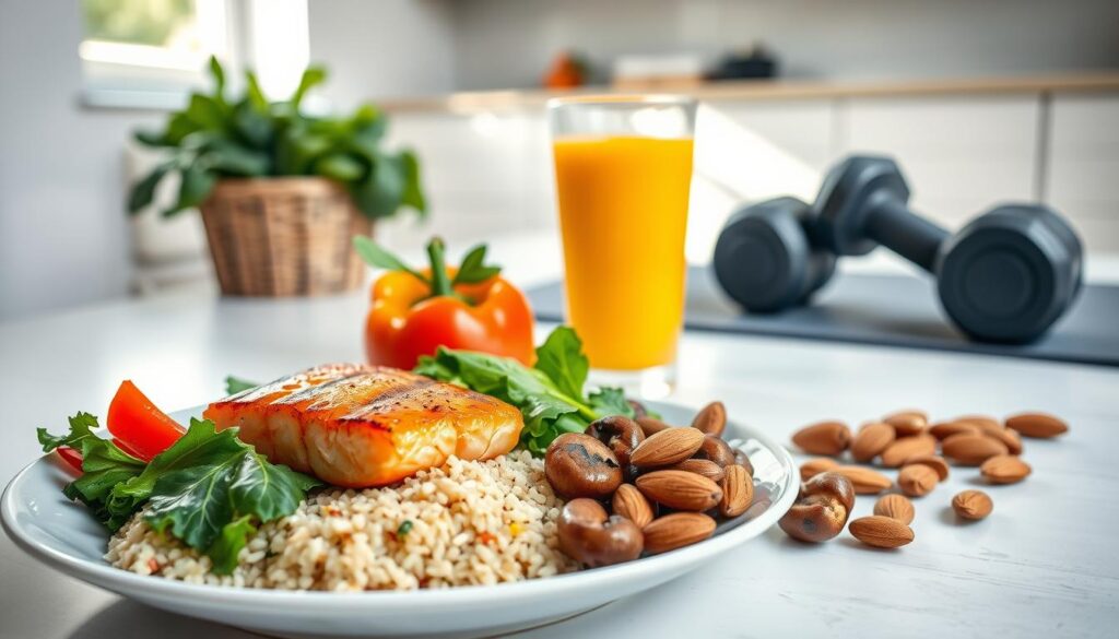A vibrant still life scene showcasing a selection of nutrient-rich foods for a 43-year-old man. In the foreground, a plate filled with grilled salmon, quinoa, and a variety of colorful vegetables - leafy greens, roasted bell peppers, and sautéed mushrooms. Beside the plate, a glass of freshly squeezed orange juice and a handful of almonds. In the middle ground, a set of dumbbells and a yoga mat, hinting at the importance of balanced nutrition and exercise. The background features a clean, minimalist kitchen setting with natural lighting streaming in through a window, conveying a sense of health, wellness, and vitality.