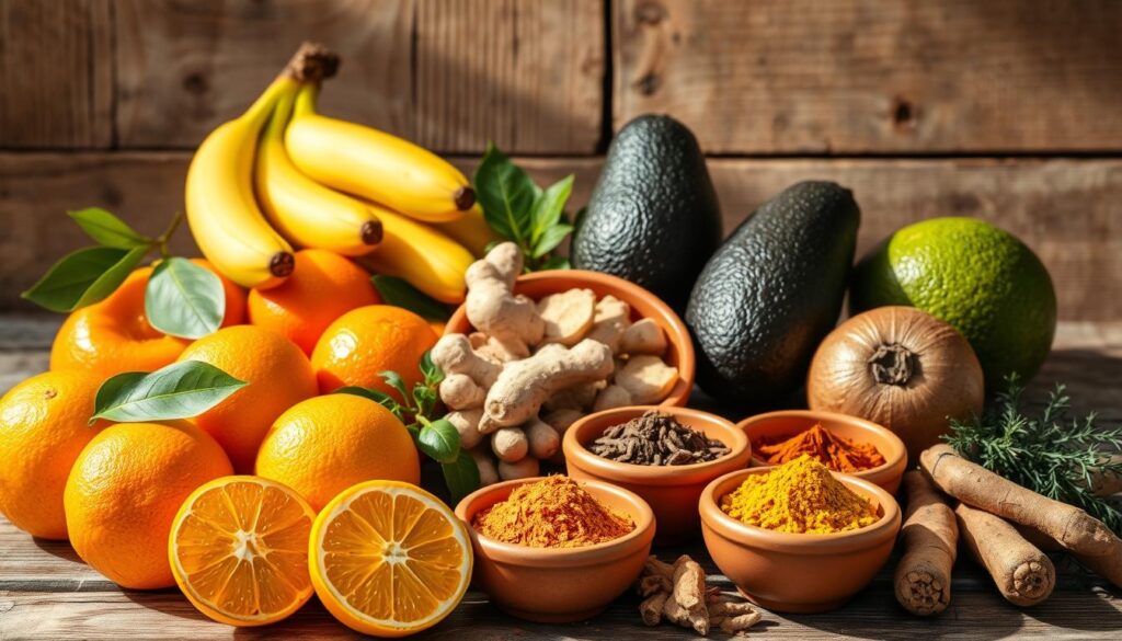 A vibrant, sun-drenched still life composition showcasing an assortment of natural testosterone boosting ingredients. In the foreground, a collection of whole, ripe fruits such as oranges, bananas, and avocados are arranged artfully, their lush colors and textures accentuated by soft, diffused lighting. In the middle ground, various herbs and spices like ginger, turmeric, and ashwagandha are displayed in small terracotta bowls, their earthy tones complementing the produce. The background features a rustic, wooden table surface, its weathered texture providing a natural, grounded feel to the scene. The overall mood is one of vitality, health, and the power of nature to support optimal male wellness.