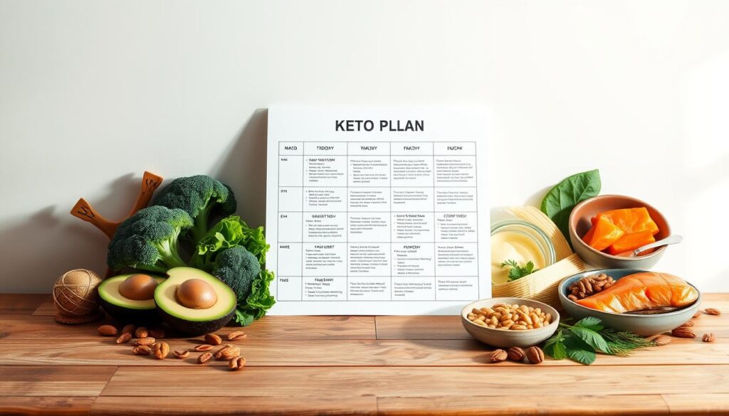 A visually appealing keto meal plan layout showcased on a wooden table against a minimalist white backdrop. The foreground features an assortment of fresh, vibrant ingredients such as avocado, broccoli, salmon, and nuts, artfully arranged in a symmetrical composition. The middle ground showcases a clean, well-designed weekly meal plan with macronutrient breakdowns, portion sizes, and meal preparation instructions. Warm, directional lighting casts soft shadows, creating a sense of depth and highlighting the textures and colors of the scene. The overall mood is one of healthy, balanced, and approachable keto cuisine.