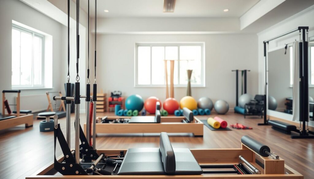 A well-equipped Pilates studio with an assortment of specialized equipment arranged in a visually appealing, organized manner. In the foreground, a sleek reformer machine with adjustable springs and pulleys stands prominently. In the middle ground, a variety of stability balls, resistance bands, and foam rollers are neatly arranged, inviting the user to incorporate them into their practice. The background features a serene, minimalist space with soft lighting, neutral-toned walls, and large windows allowing natural light to flood the room, creating a calming, zen-like ambiance. The overall scene conveys a sense of professionalism, functionality, and an invitation to embark on a transformative Pilates journey.