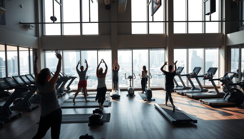 A well-equipped exercise studio with an inviting, modern aesthetic. In the foreground, a group of people engaging in a yoga session, their poses flowing gracefully under soft, natural lighting. The middle ground features rows of state-of-the-art exercise equipment, including treadmills, stationary bikes, and weight machines, all neatly arranged. The background showcases expansive windows overlooking a vibrant cityscape, creating a sense of openness and connection to the outdoors. The overall atmosphere is one of focus, serenity, and a commitment to physical and mental well-being.