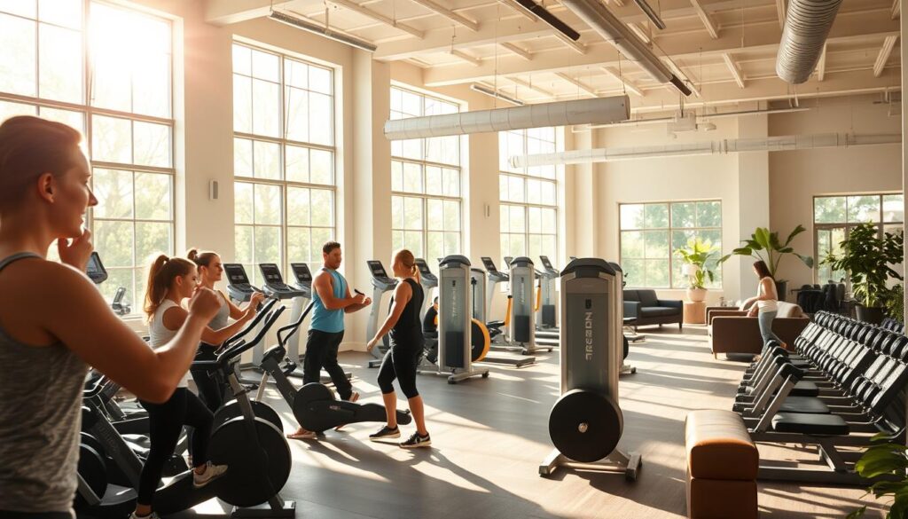 A well-equipped fitness center with state-of-the-art equipment and a serene, inviting atmosphere. Sunlight streams through large windows, casting a warm glow over the space. In the foreground, a group of people engaged in various cardio and strength training exercises, their determined expressions reflecting their commitment to their fitness goals. The middle ground features a spacious free weights area, with sleek and modern machines arranged in an organized layout. The background showcases a tranquil lounge area, complete with plush seating and soothing decor, where gym-goers can unwind and refuel after an intensive workout session.