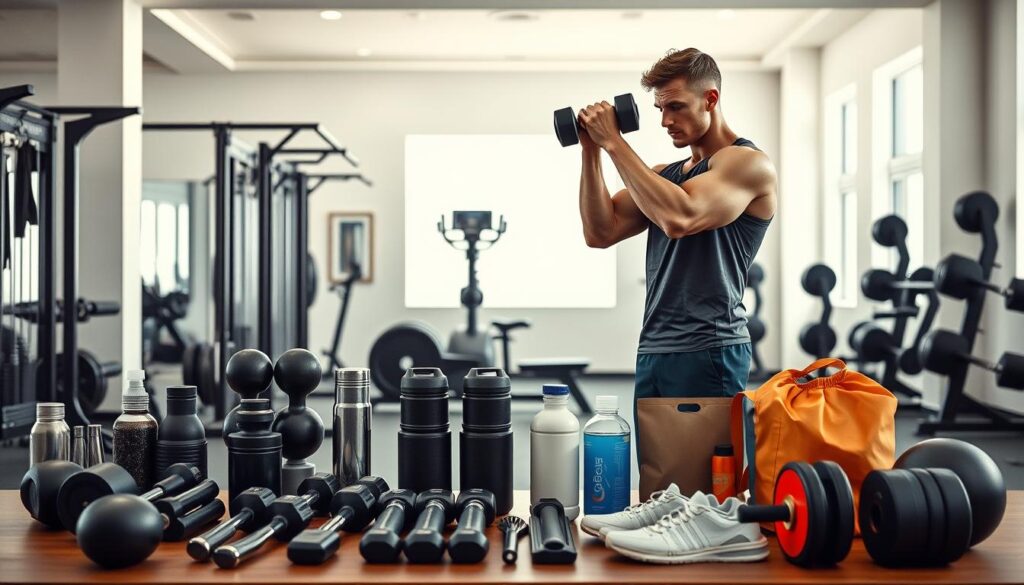 A well-equipped gym setup with an array of men's fitness essentials arranged in the foreground. In the middle ground, a muscular male model dressed in athletic wear performing a dumbbell bicep curl. The background features a minimalist gym interior with clean lines, good natural lighting, and a serene, motivating atmosphere. The overall composition highlights the essential gear, proper form, and a calm, focused mindset for effective workout recovery.