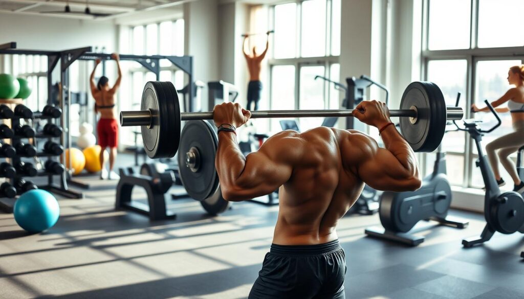 A well-equipped gym with natural lighting streaming through large windows. In the foreground, a muscular person performing a barbell back squat, their face determined as they push through the lift. Surrounding them, a variety of free weights, resistance machines, and exercise balls create a dynamic and motivating atmosphere. The middle ground features a person doing pull-ups on a wall-mounted bar, their body in perfect form. In the background, a person using a stationary bike, their legs pumping with intensity. The overall scene conveys the focus, discipline, and total-body engagement of an effective strength training workout.