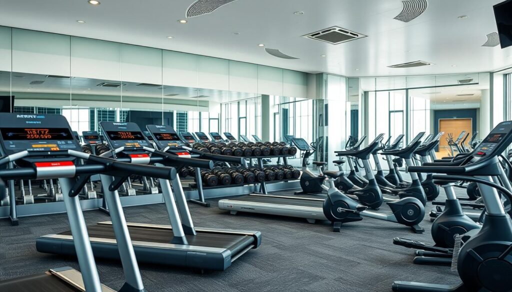 A well-equipped gym with state-of-the-art exercise machines and free weights set against a sleek, modern interior design. In the foreground, a variety of cardio equipment such as treadmills, ellipticals, and stationary bikes, their screens displaying performance metrics. In the middle ground, a rack of dumbbells and barbells alongside a weight bench. The background features a wall of floor-to-ceiling mirrors, reflecting the gym's bright, natural lighting. The overall atmosphere conveys a sense of motivation and personal improvement, encouraging visitors to elevate their workout experience.