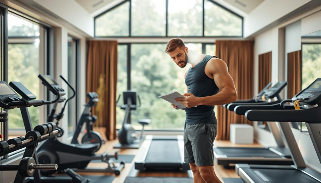 A well-equipped home gym with state-of-the-art fitness equipment, including free weights, resistance bands, and a sleek treadmill. The space is bathed in warm, natural lighting, creating a motivating and tranquil atmosphere. A man in his 30s, wearing a fitted workout top and shorts, stands in the center, meticulously planning his personalized fitness regimen, notes in hand. His expression is focused, determined to unlock his full potential. The background features a large window overlooking a lush, verdant landscape, inspiring a sense of balance and wellness.