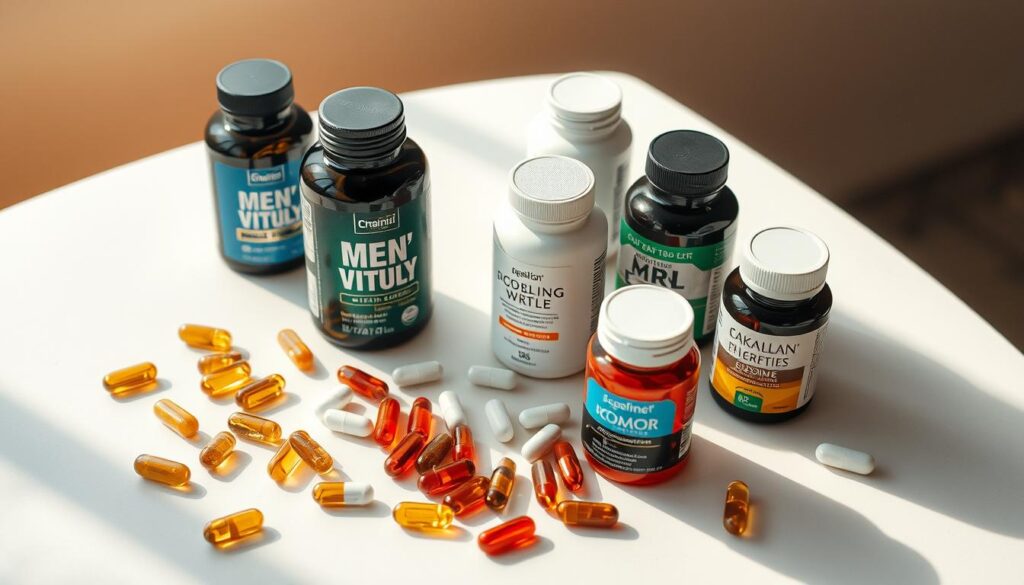 A well-lit, high-angle shot of a variety of men's vitality supplements, including capsules, tablets, and soft gels, arranged artfully on a sleek, minimalist table or countertop. The supplements should be presented in an organized, visually appealing manner, with a focus on their quality, efficacy, and potential to support active, healthy lifestyles. The lighting should be natural and warm, creating a sense of wellness and vitality. The background should be clean and uncluttered, allowing the supplements to take center stage and convey a sense of professionalism and expertise.