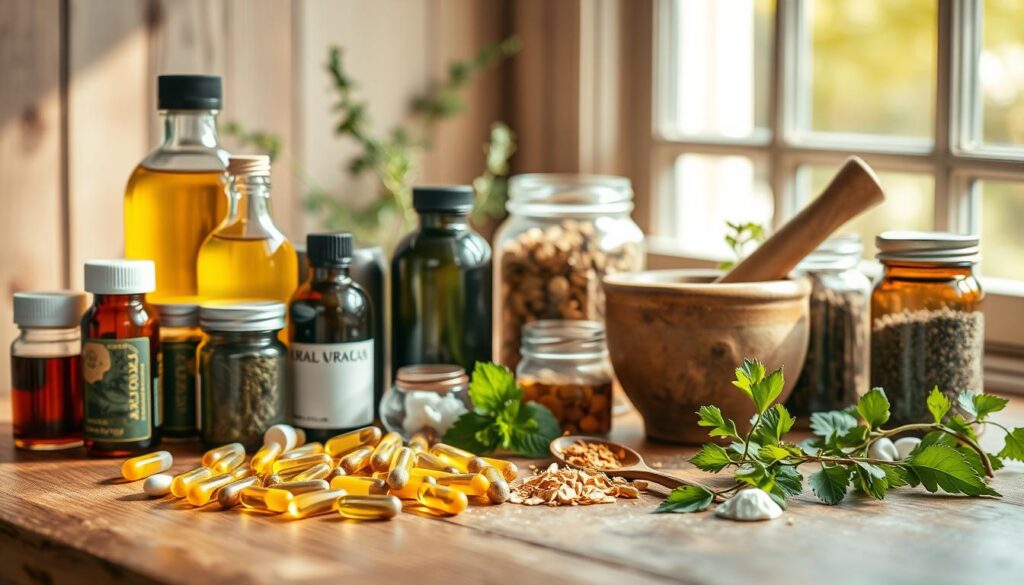 A well-lit, high-quality still-life image of various natural health supplements and herbal remedies neatly arranged on a wooden table. In the foreground, an assortment of bottled tinctures, capsules, and dried herbs in glass jars. In the middle ground, a mortar and pestle, a wooden spoon, and a few fresh herbs. The background features a window with natural light streaming in, casting a warm, earthy glow over the scene. The image conveys a sense of purity, vitality, and a holistic approach to wellness.
