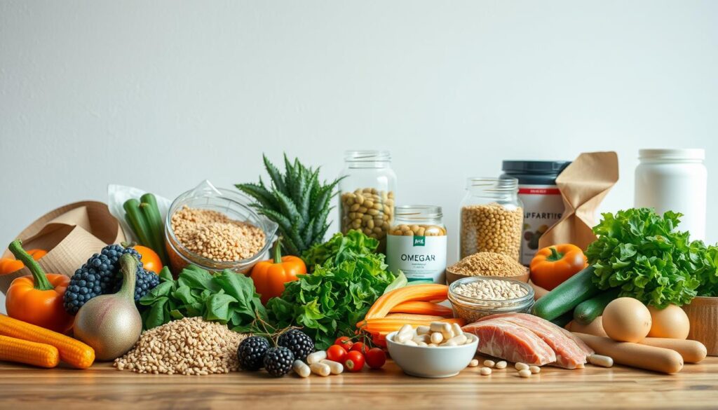 A well-lit indoor scene showcasing a variety of healthy foods and nutritional supplements arranged in a visually appealing way. In the foreground, a selection of fresh vegetables, whole grains, and lean proteins are neatly displayed on a wooden table. In the middle ground, a set of glass jars contains various nutritional supplements such as multivitamins, omega-3 capsules, and protein powder. The background features a clean, minimalist wall with subtle textures, creating a calming and inviting atmosphere. The overall composition emphasizes the importance of a balanced, nutrient-rich diet for optimal male health.